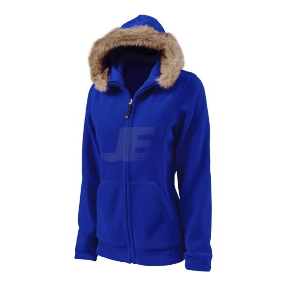 Women Blue Zip Up Polar Fleece Hoodie with Fur