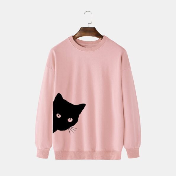 Cat Printed Solid Color Cotton Fleece Sweatshirt