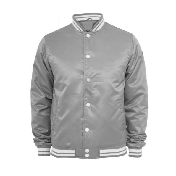 Front Button Shiny Fabric Grey Satin Varsity Jacket