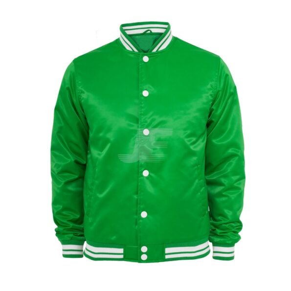 Front Button Shiny Fabric Green Satin Varsity Jacket