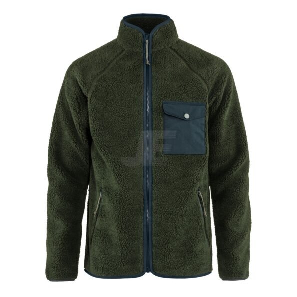 Mens Front Pocket Full Zip Olive Sherpa Fleece Jacket